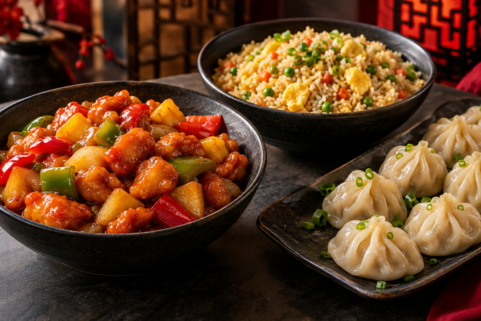 Illustrative spread of sweet-and-sour chicken, egg fried rice and chicken dumplings