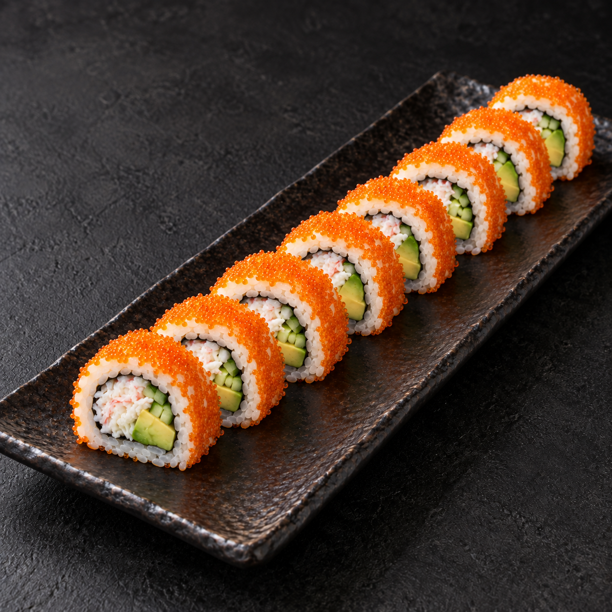 California Roll With Crab, Avocado, Cucumber And Tobiko Pearls